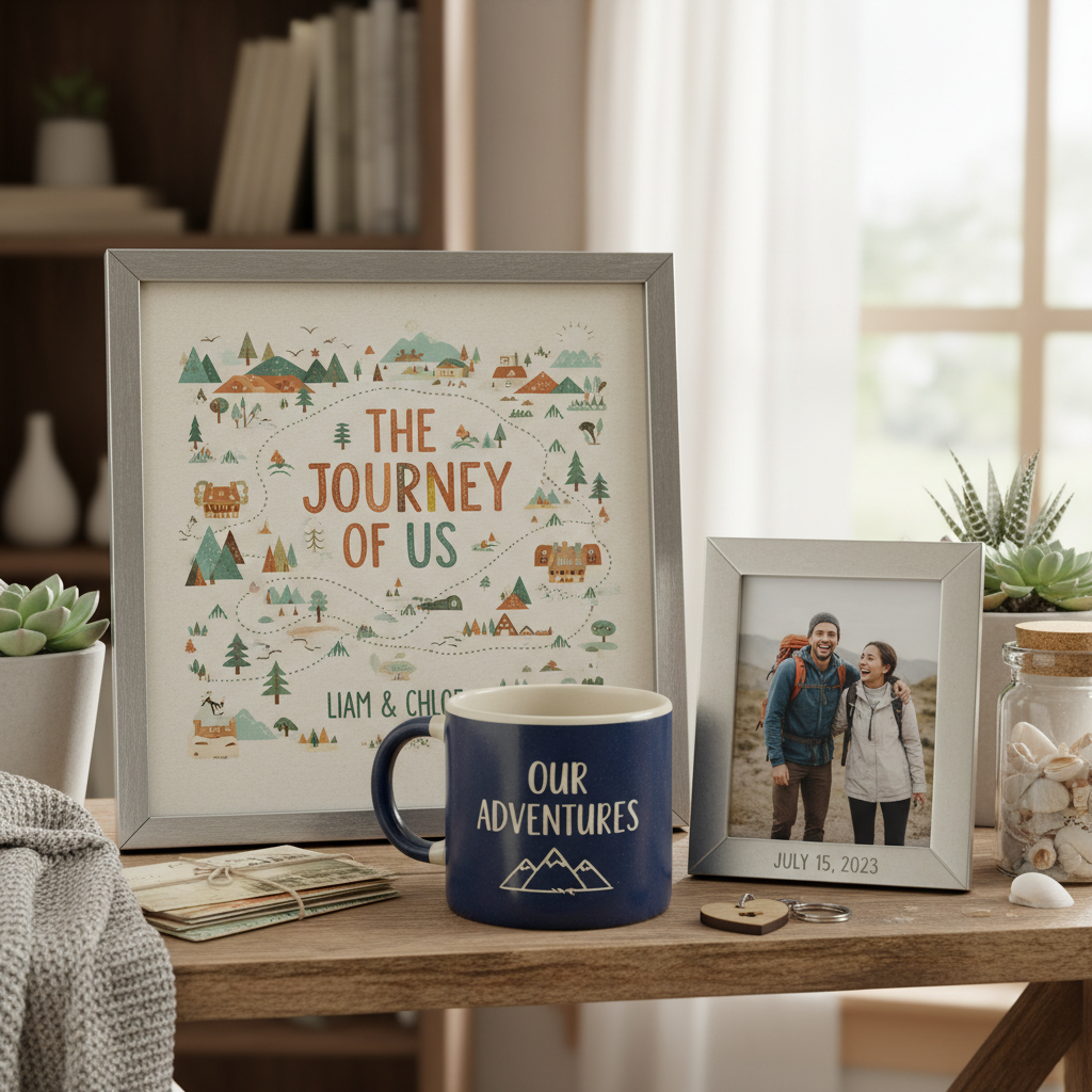 A collection of personalised gifts on a table, symbolising storytelling and shared moments.