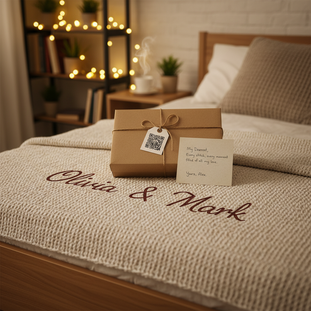 Gift box with a QR code tag and a personalised blanket, featuring a loving note.
