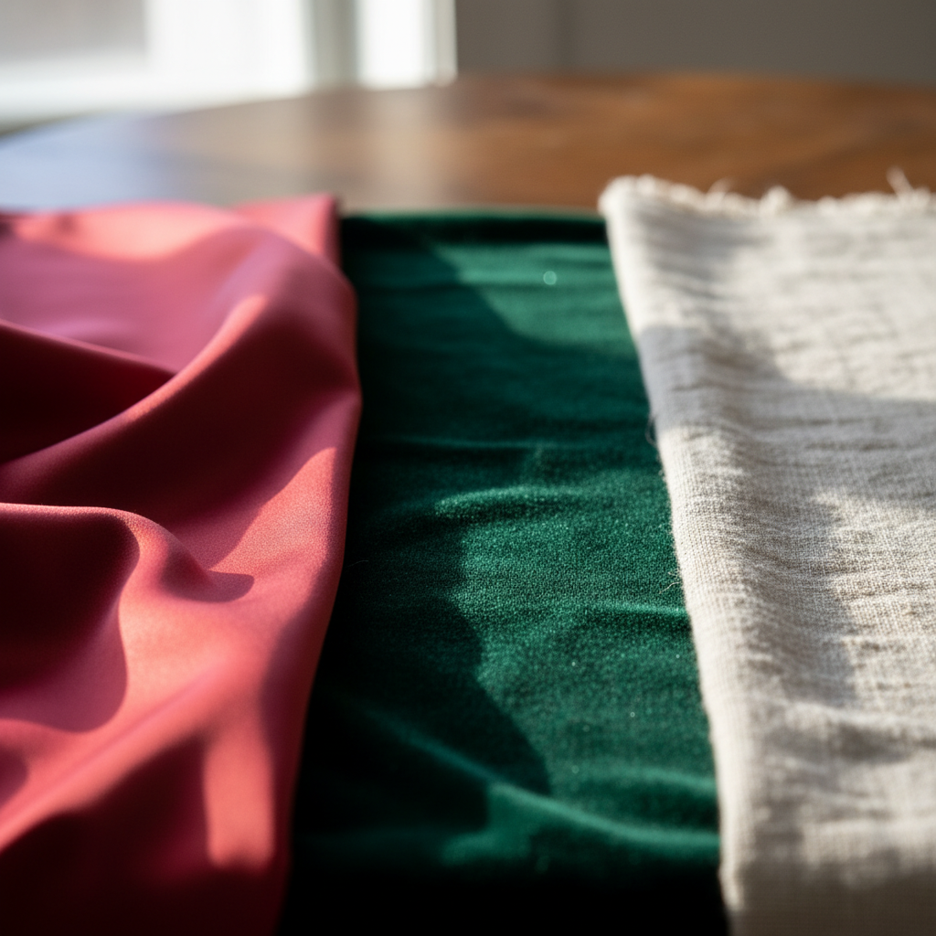 A close-up of various luxurious fabric textures showcasing satin, velvet, and linen.