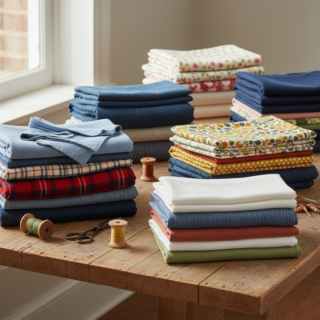 Assorted cotton fabrics in vibrant colors and patterns displayed on wood.