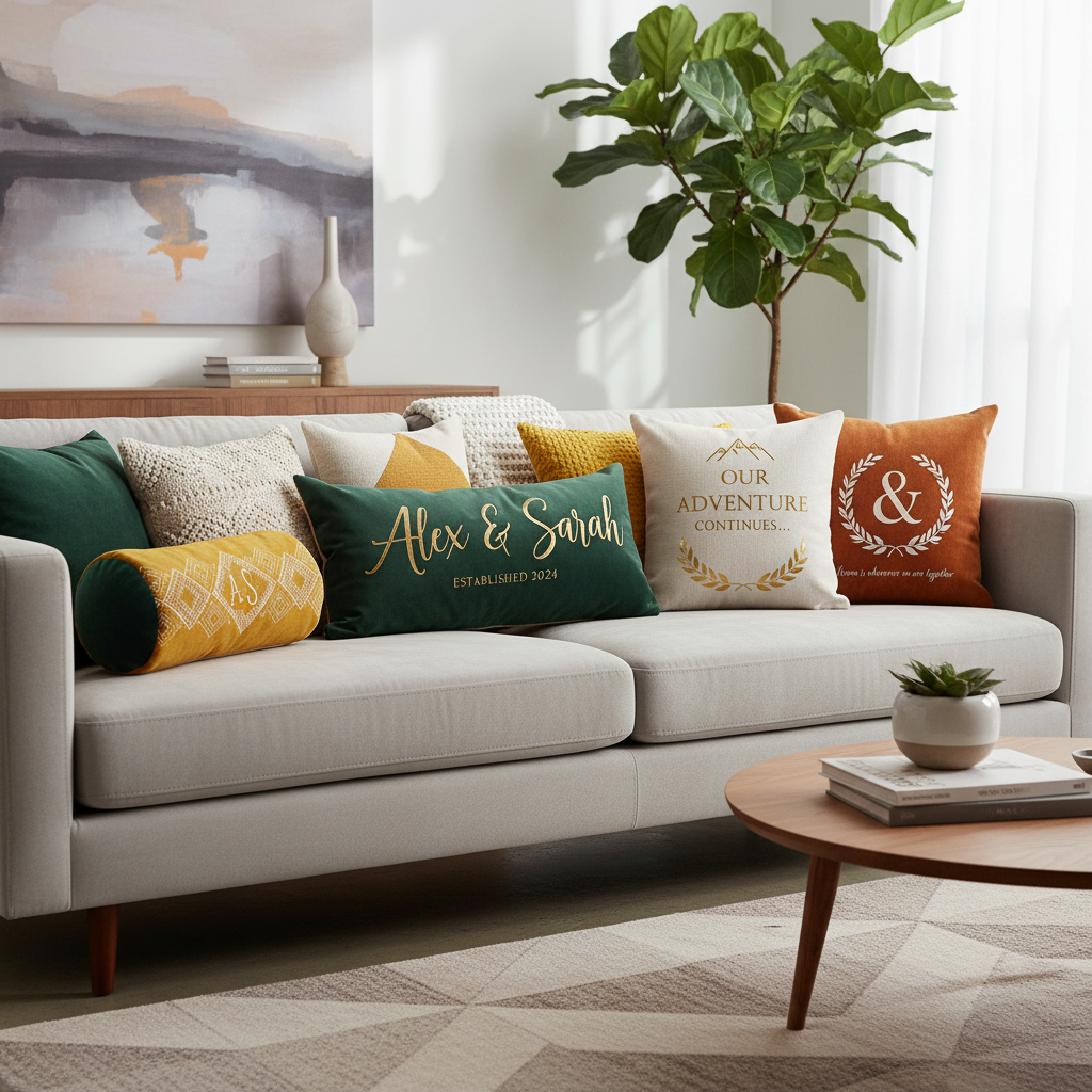 Personalised cushions with names and quotes on a stylish couch