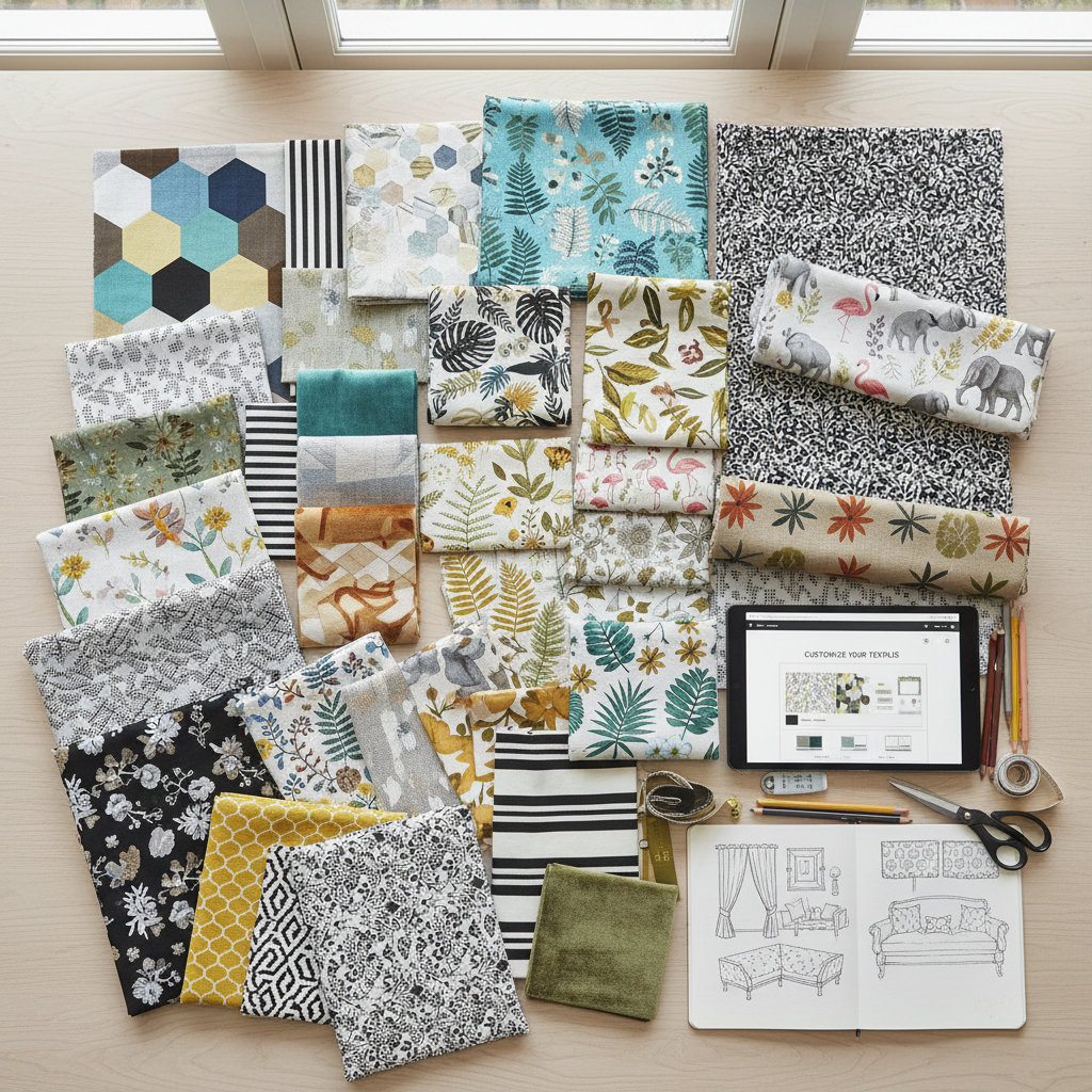 Variety of fabric swatches for custom home décor with vibrant patterns.