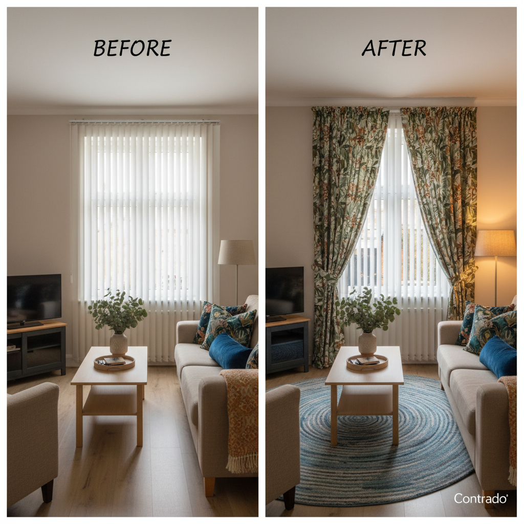 Before and after view of a living room showcasing the transformation with custom home décor.
