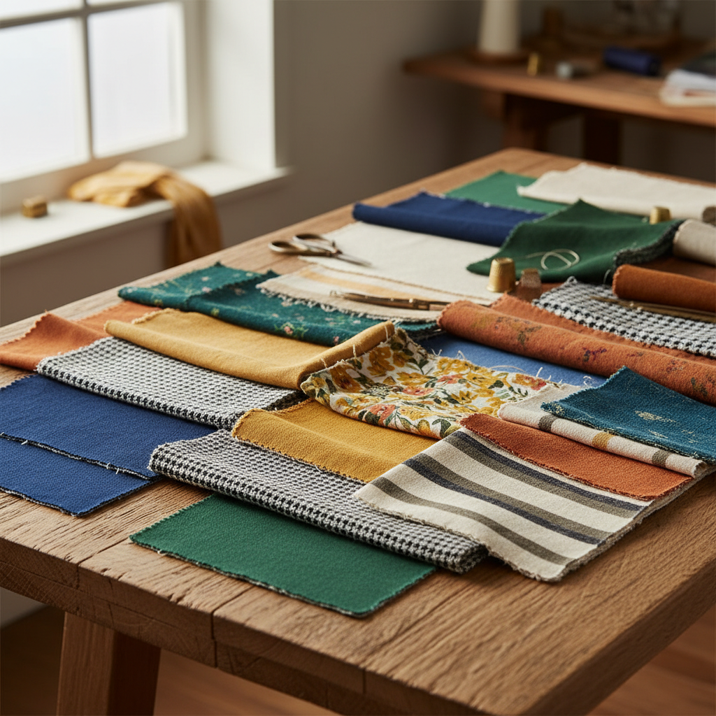 Fabric swatches showing various colors and patterns for home decor