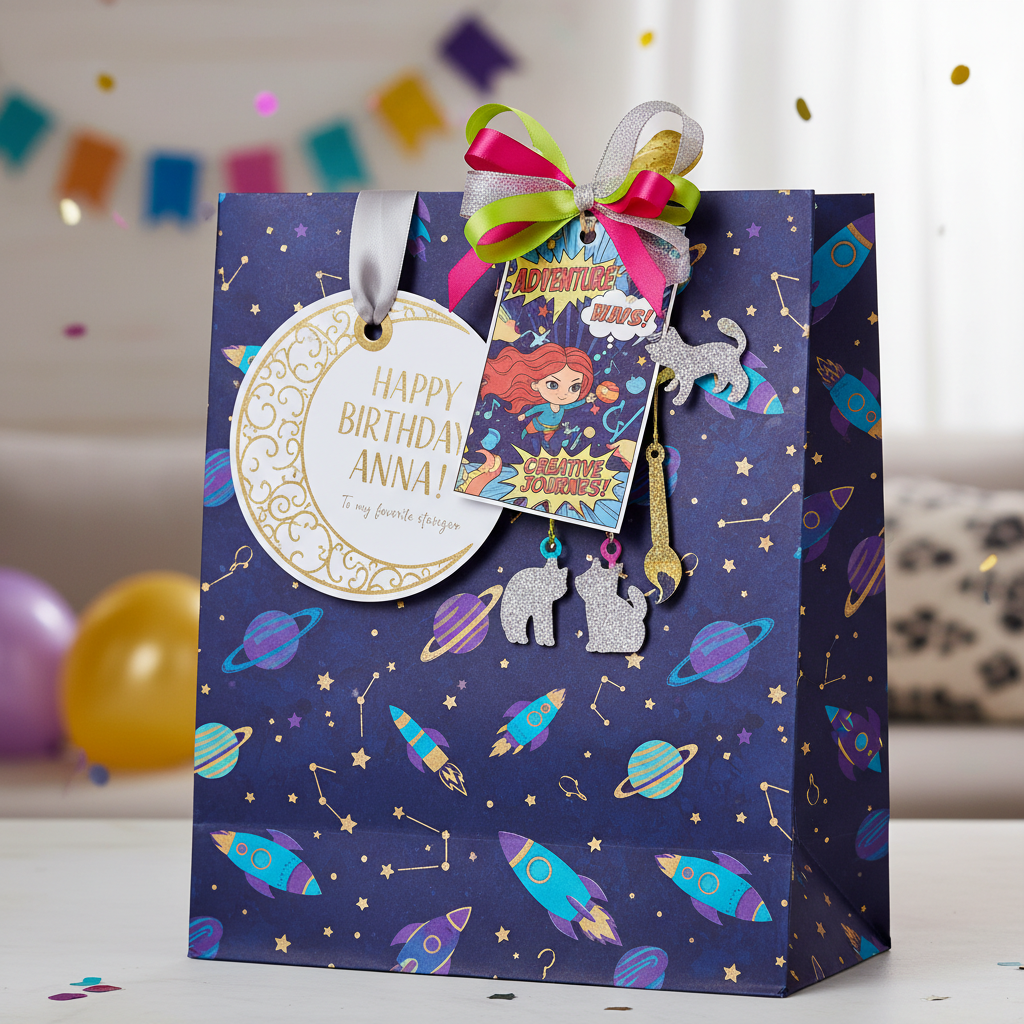A custom-designed bag wrapped as a birthday gift, illustrating personalisation with tailored patterns and names.