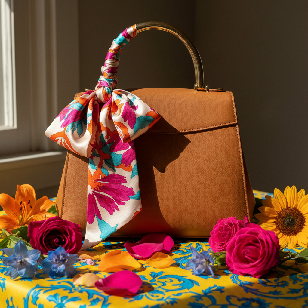 A handbag with a scarf tied into a bow on the handle, surrounded by flowers.