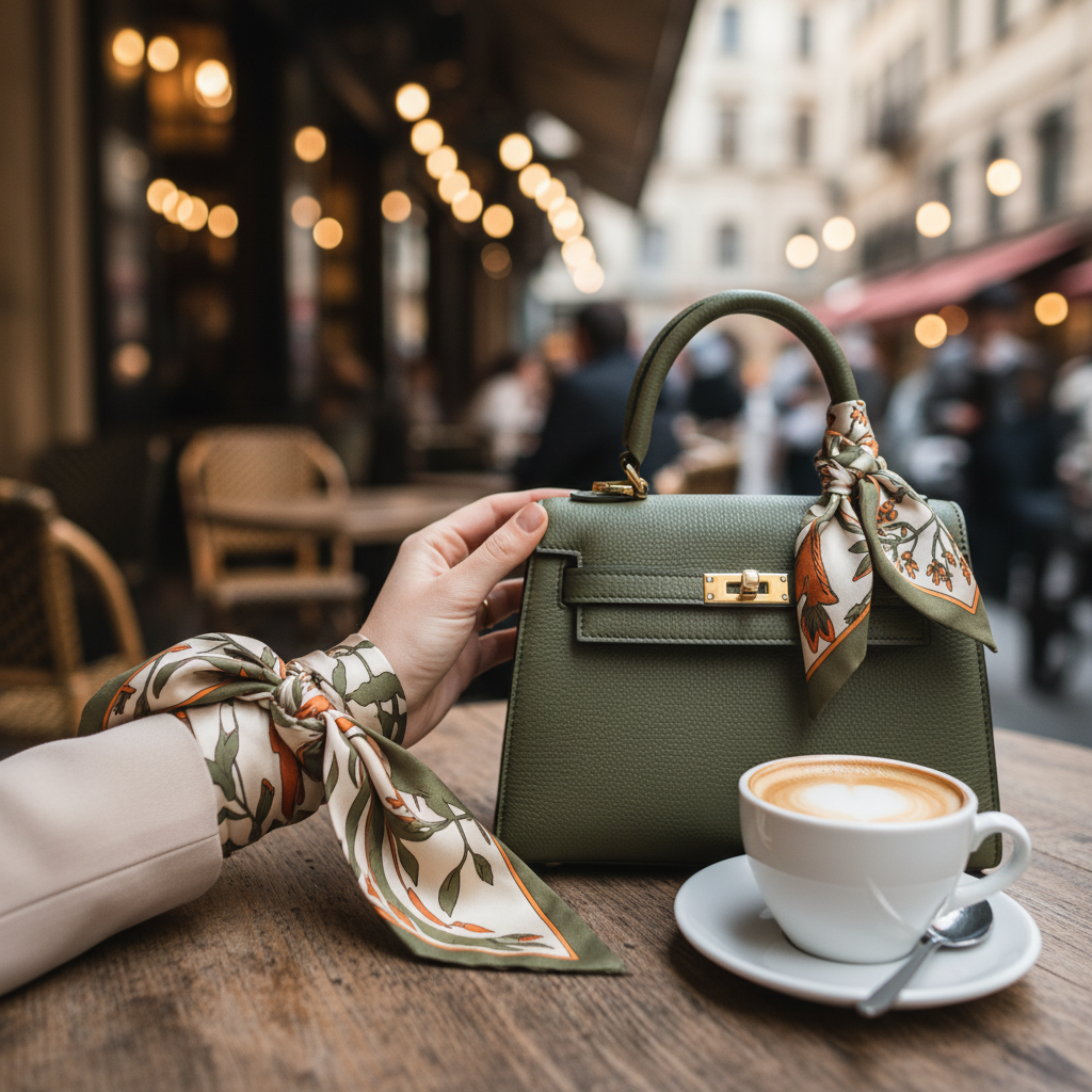 A person's wrist decorated with a scarf, matching a handbag on a café table.