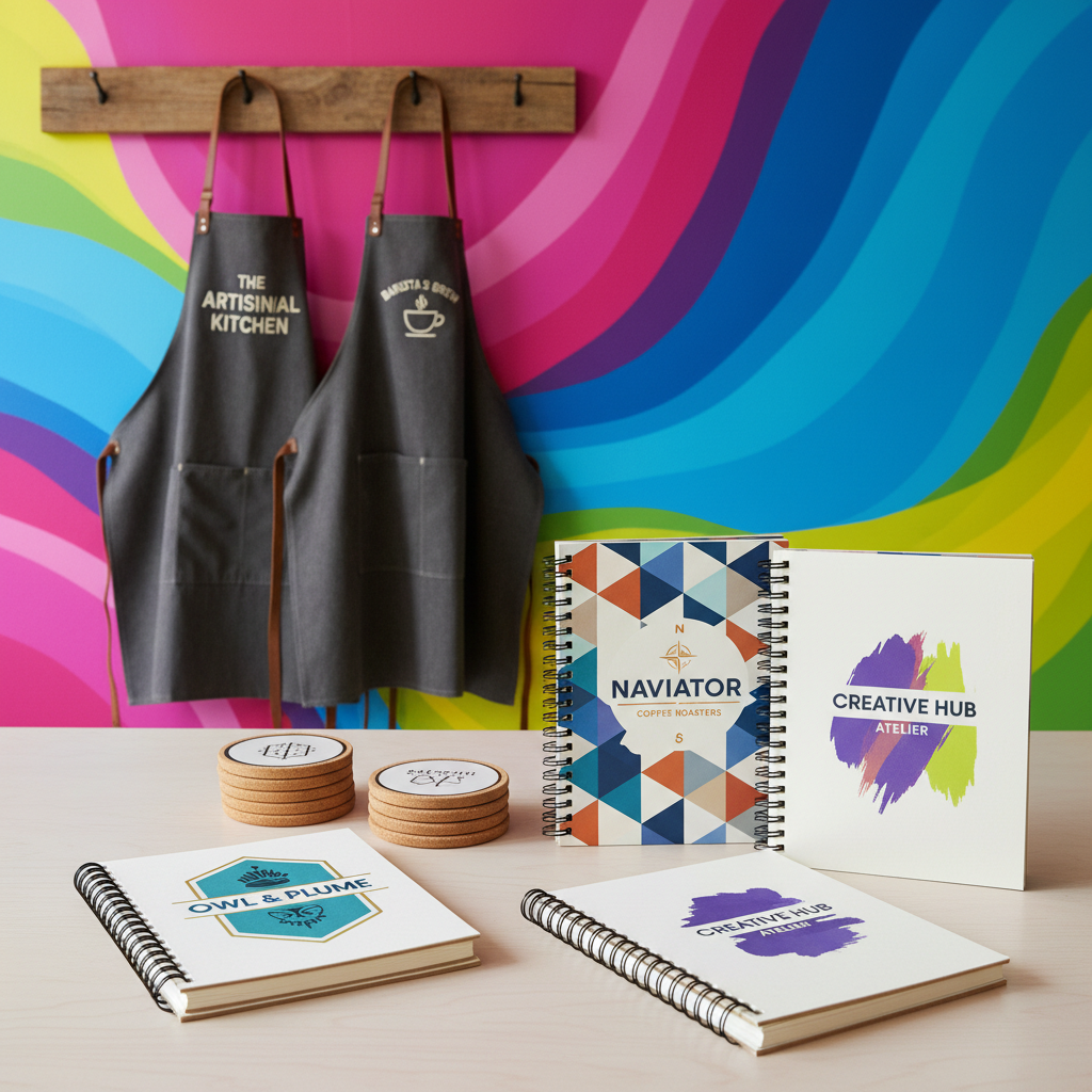 Collection of custom branded products arranged creatively on a colourful surface.