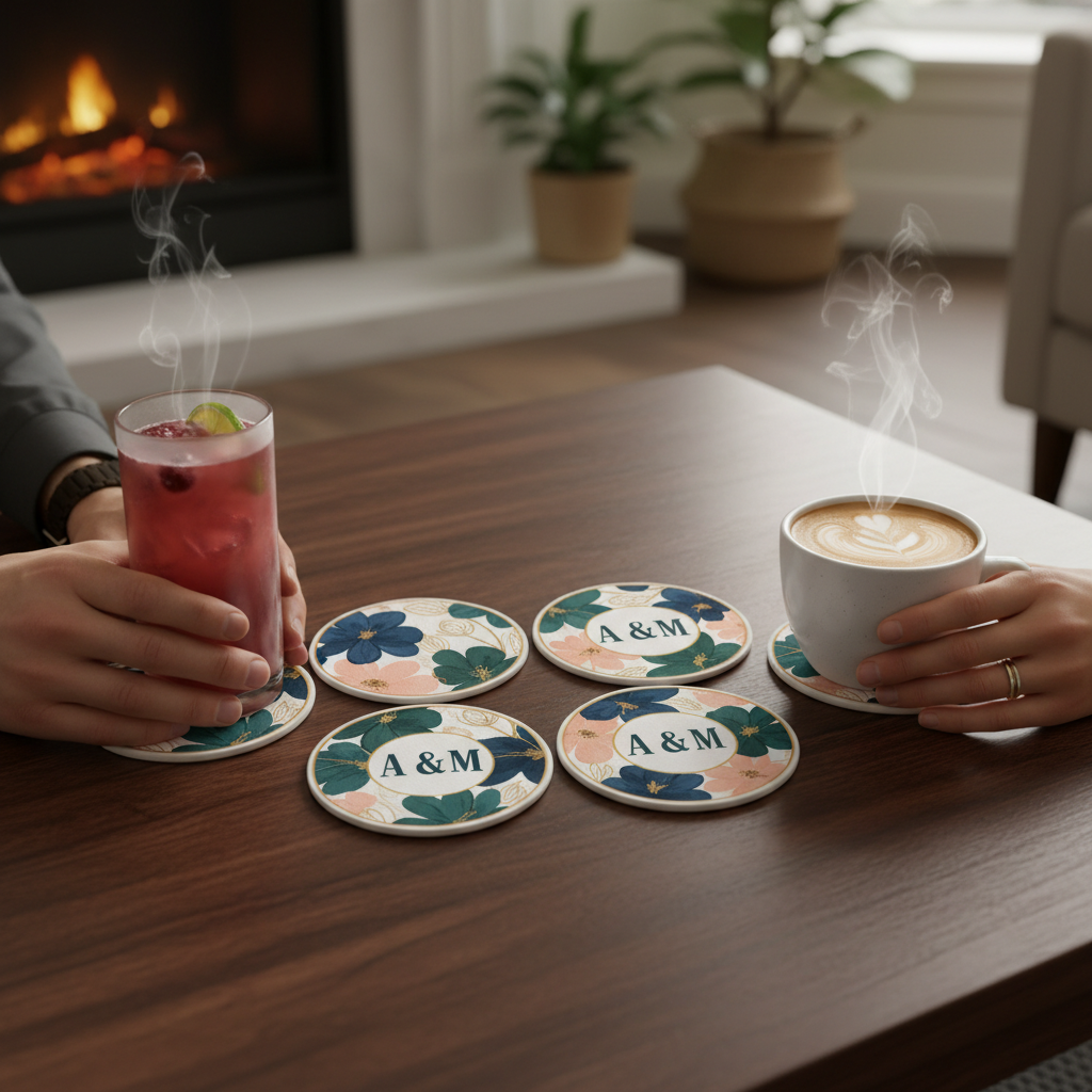 Custom coasters designed with floral patterns and initials, placed next to drinks on a wooden surface.