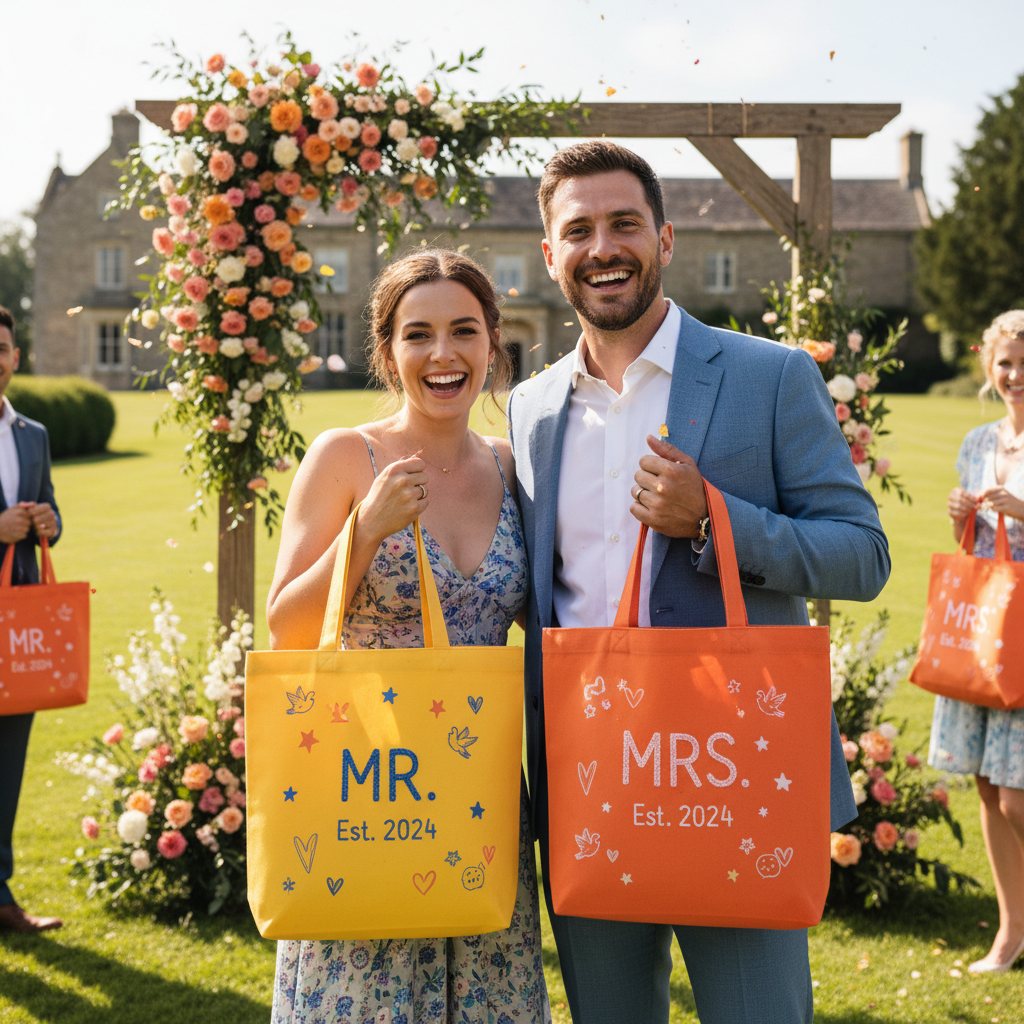 Happy couple at a wedding, showcasing printed tote bags with personalised designs.