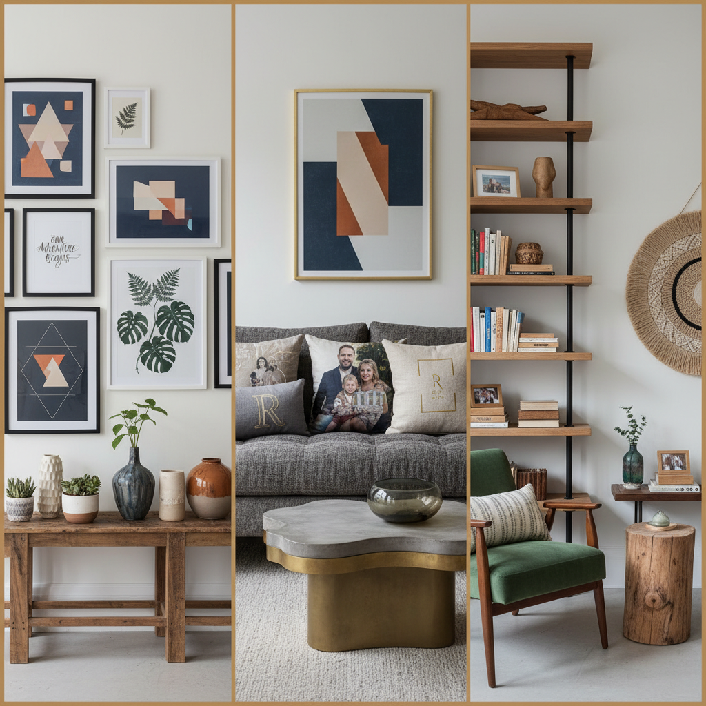 A collection of custom home decor items, including printed art pieces, cushions, and bespoke furniture accents.