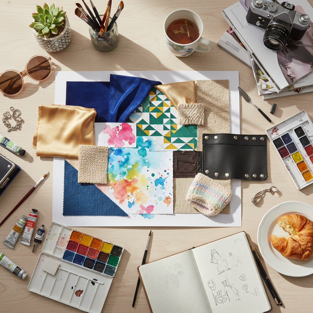 A vibrant moodboard filled with colors, textures, and patterns representing personal style.