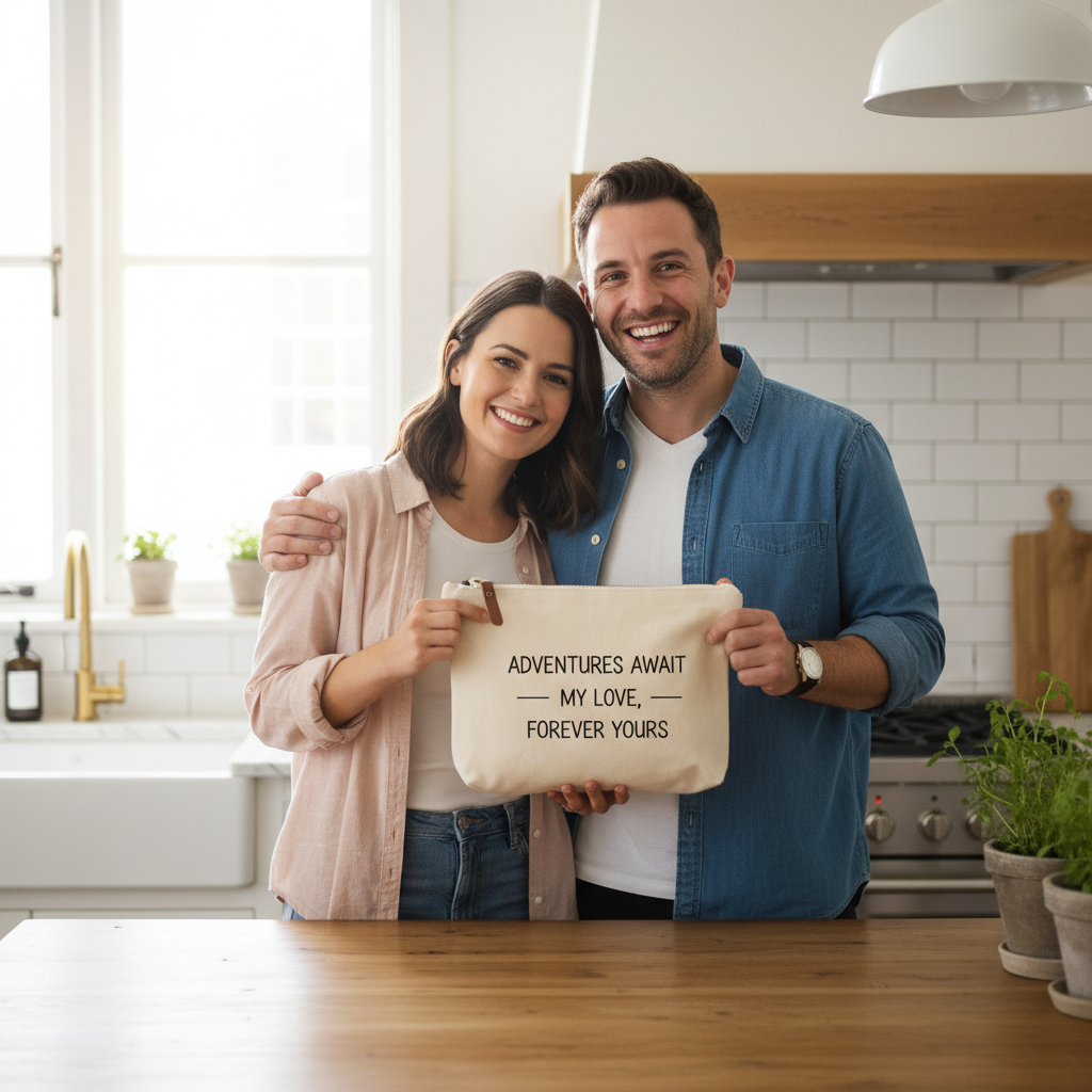 Couple happily holding a personalised wash bag in their kitchen.