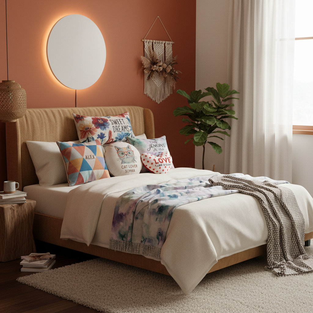 Inviting bed with colorful personalized cushions.