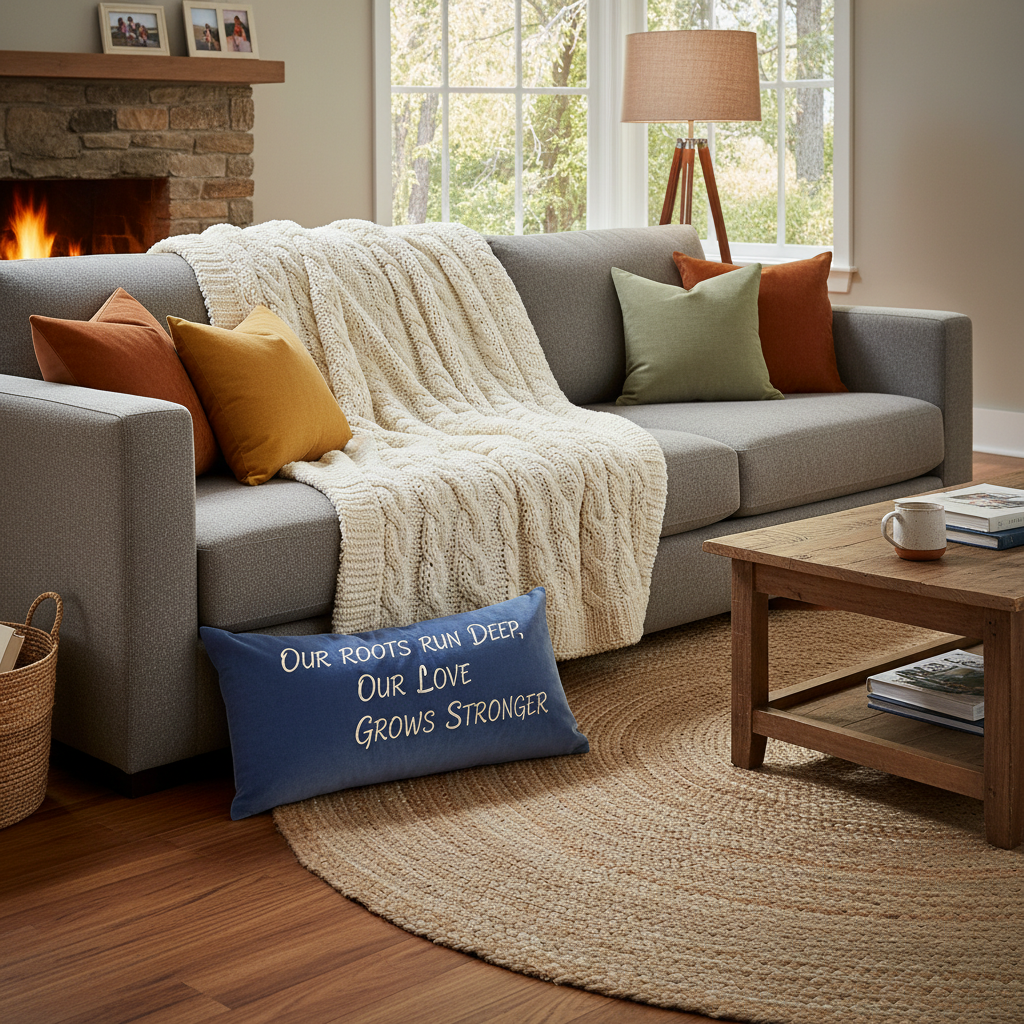 Custom cushion and blanket displayed on a sofa in a cozy living room.