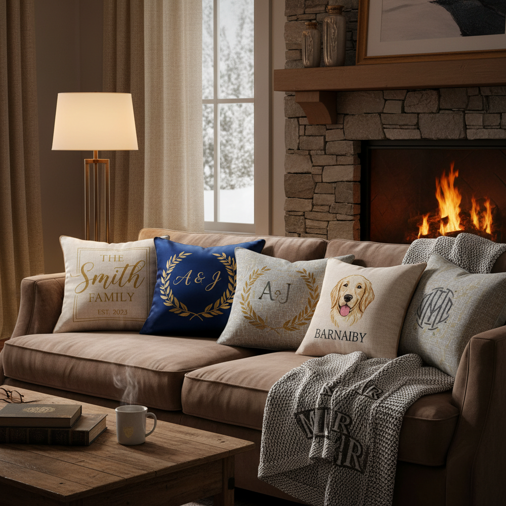 A collection of personalized cushions and blankets on a couch, creating a warm atmosphere.