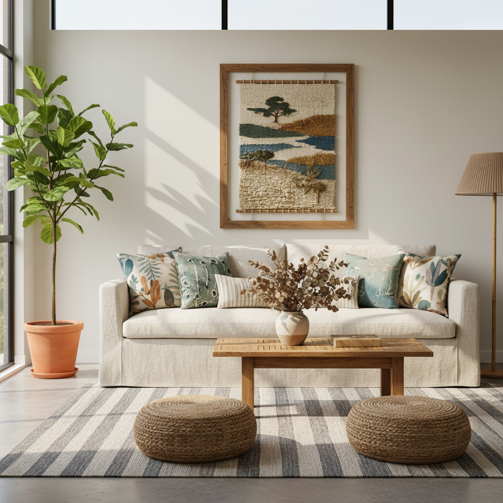 A modern living room with sustainable decor products highlighting comfort and style