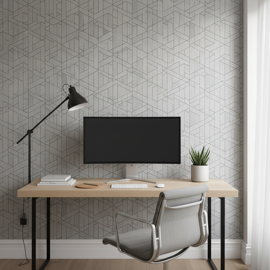 Minimalistic workspace with geometric custom wallpaper and modern desk
