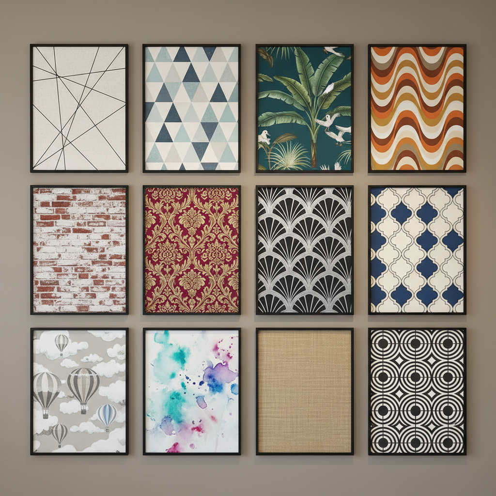 Collection of wallpaper patterns hanging on a wall, exhibiting diverse styles