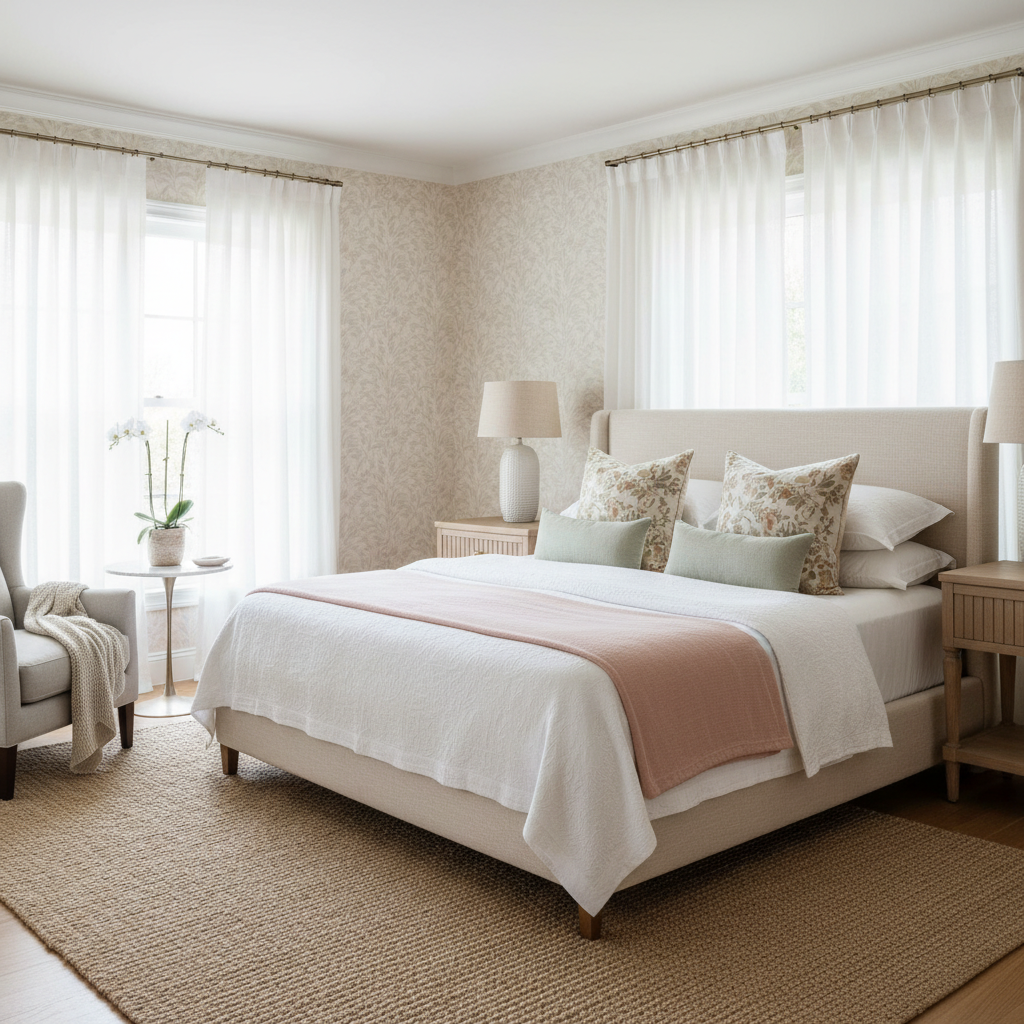 Bedroom with soft patterned wallpaper and elegant decor for a peaceful ambiance