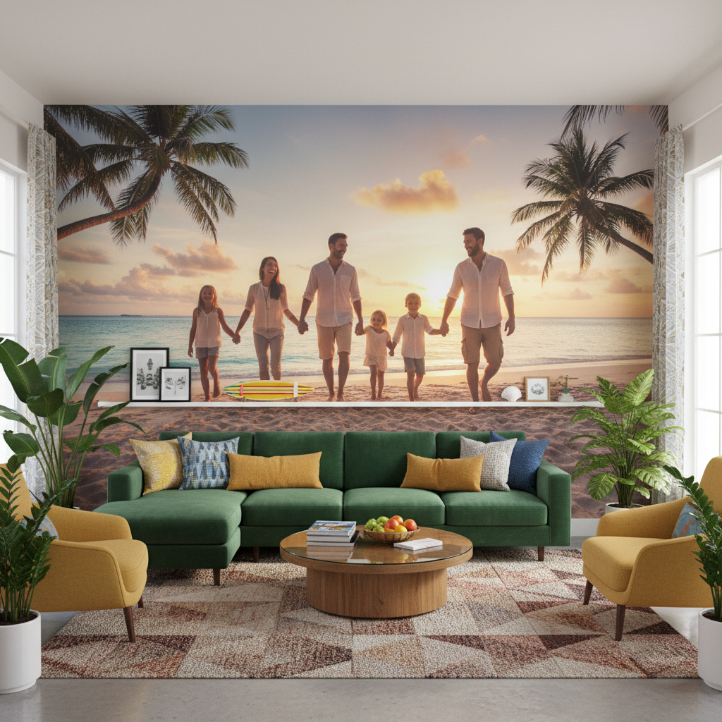 An inviting living room featuring bold personalised wallpaper showcasing a family vacation.
