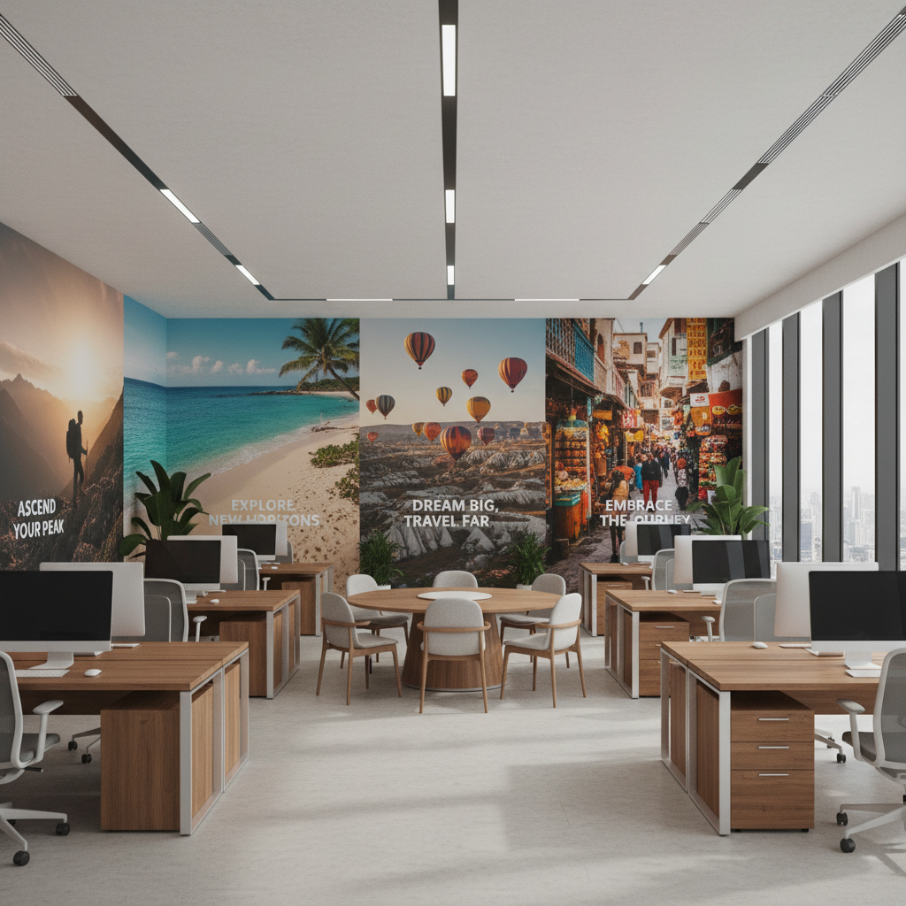 An organised workspace with personalised wallpaper that inspires creativity through travel images.