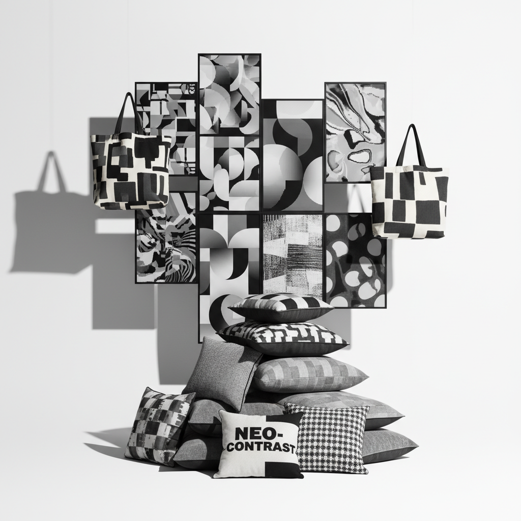 Bold monochrome products including tote bags and cushions artfully arranged against a white backdrop.
