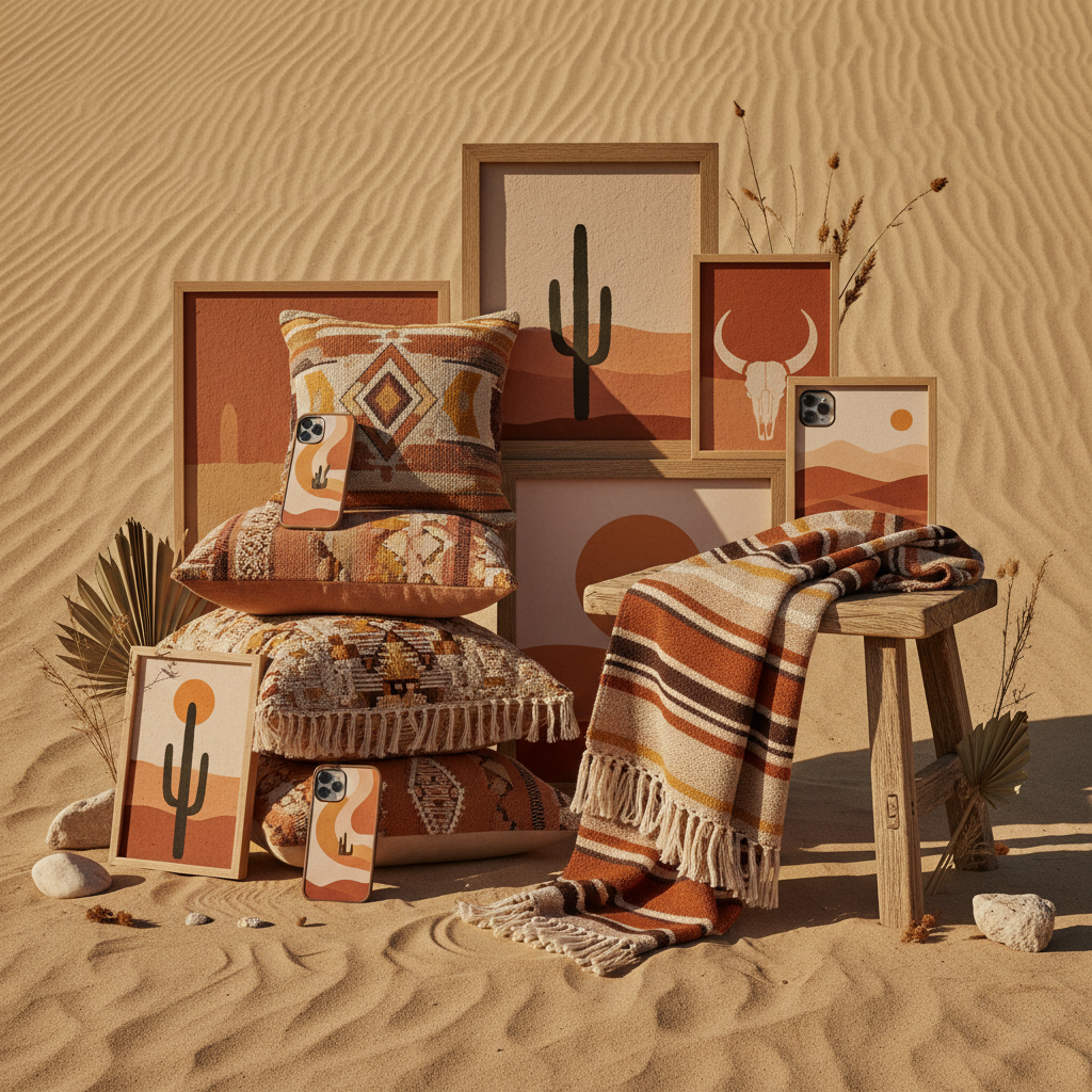 An assortment of warm desert-toned personalised products like cushion covers and phone cases on a sandy surface.