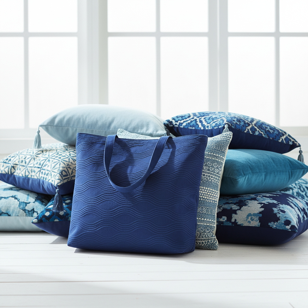 Monochromatic blue tote bag and cushions displayed together
