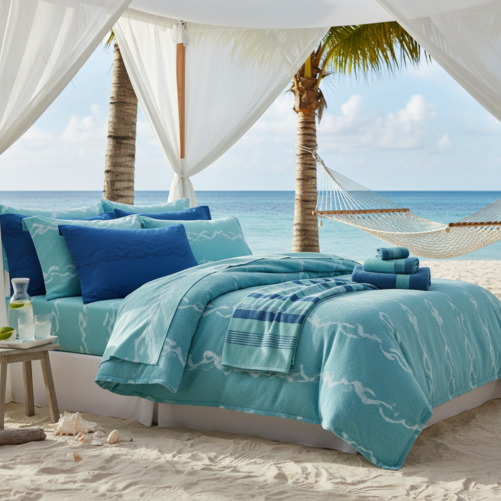 Ocean blue beach towel and bedding set displayed on sand