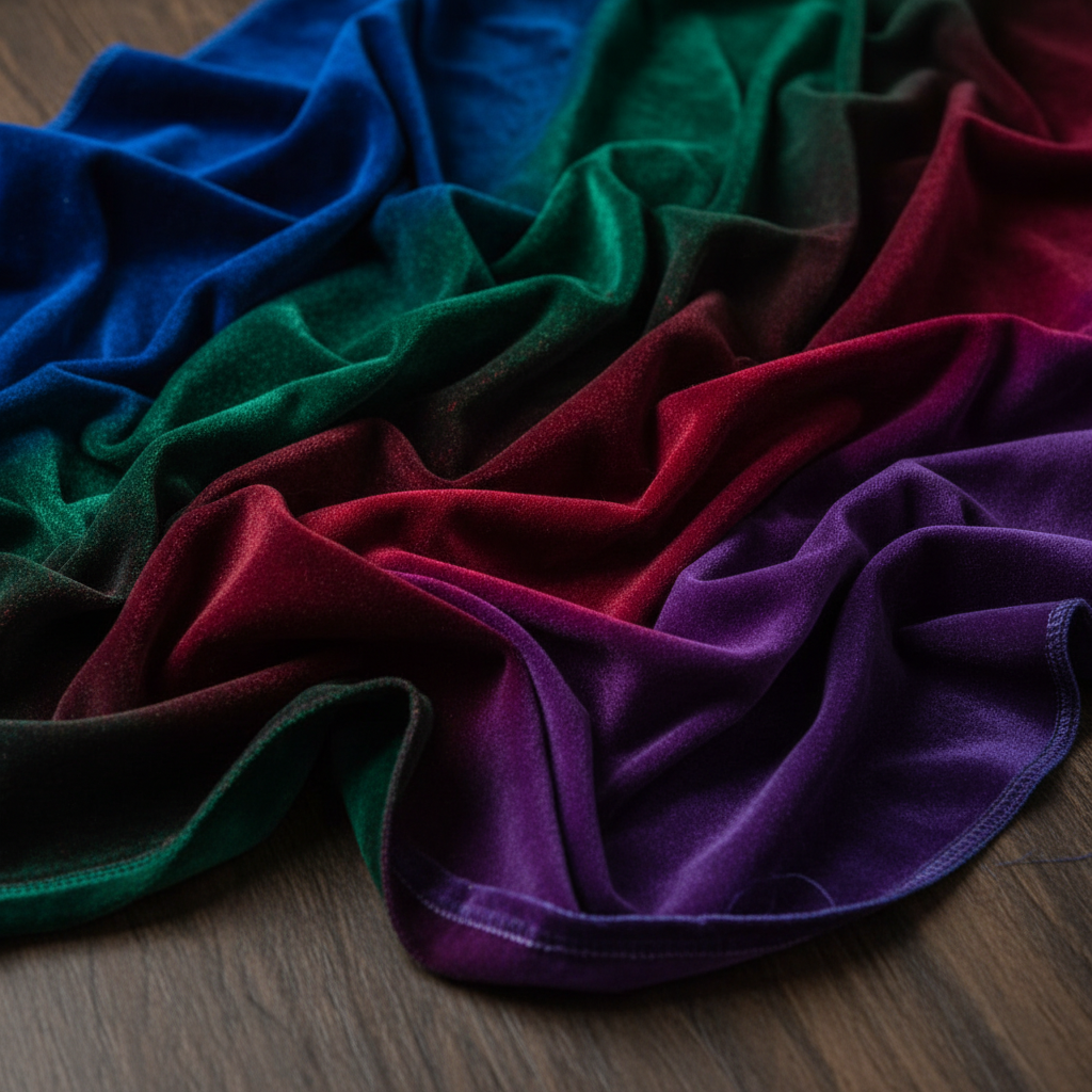 Close-up of rich velvet fabric demonstrating its texture and opulence.