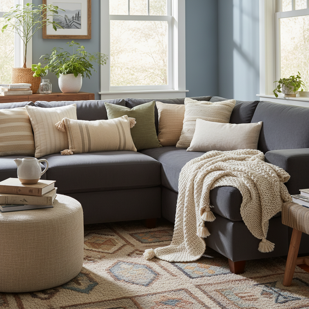 Living room with layered textures showcasing cotton cushions and a knitted throw on a velvet sofa.