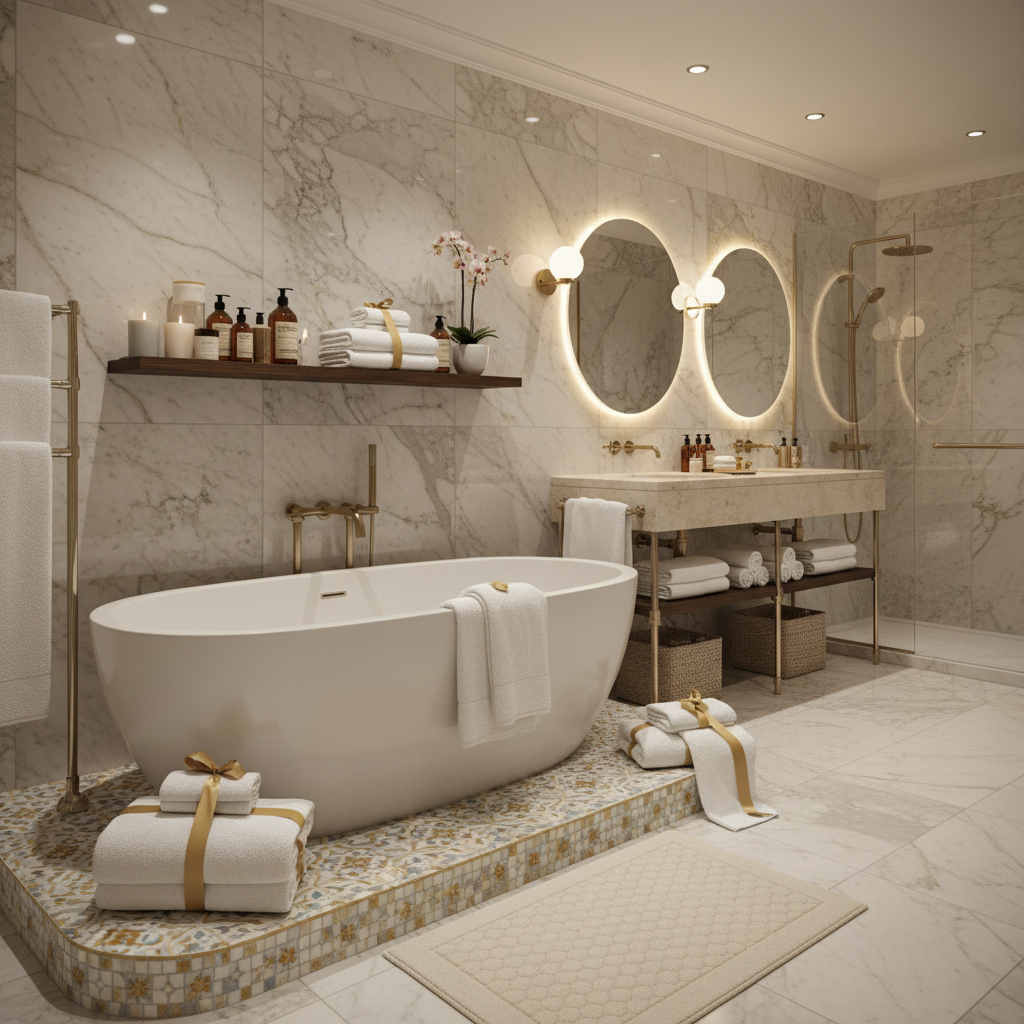 Un baño decorado con toallas de lujo y un estilo elegante, inspirado en hoteles boutique.