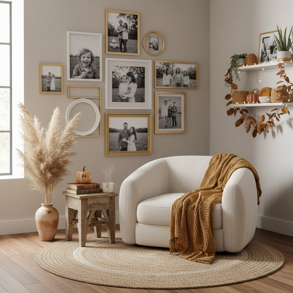 Home corner with personalised photo wall art and cozy seating, decorated for winter