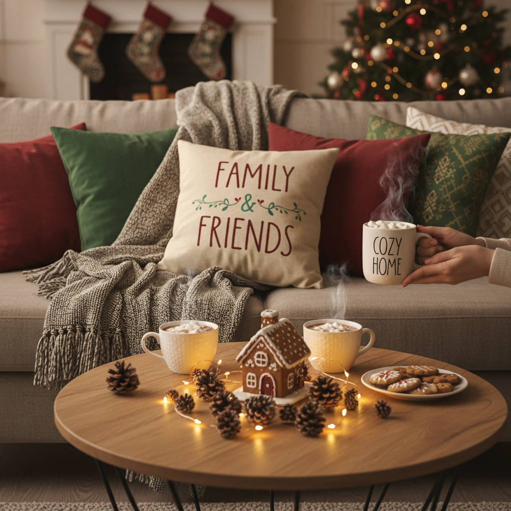Close-up of hands holding a personalized mug next to winter décor on a cozy coffee table