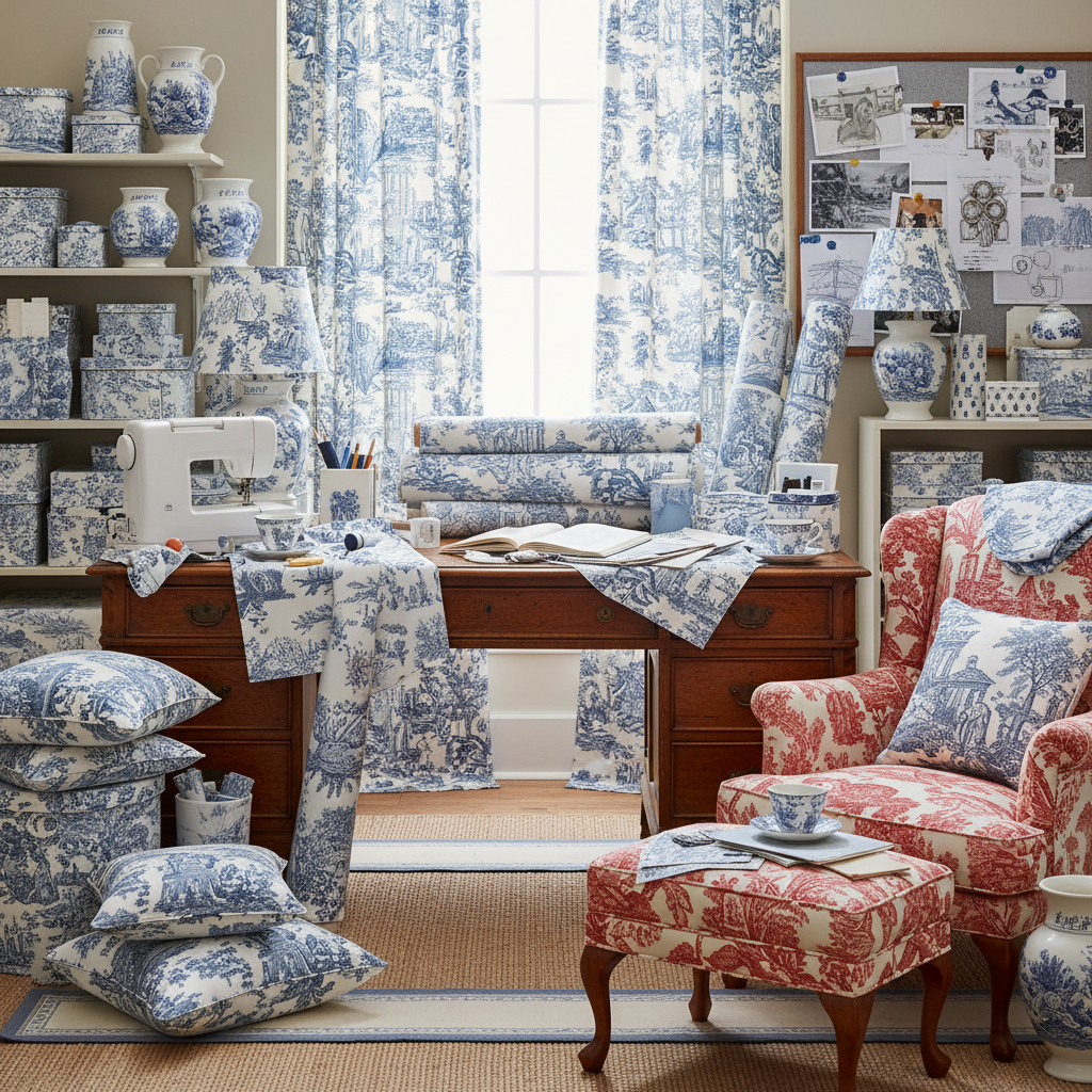 A workspace adorned with various toile patterned elements and creative materials.