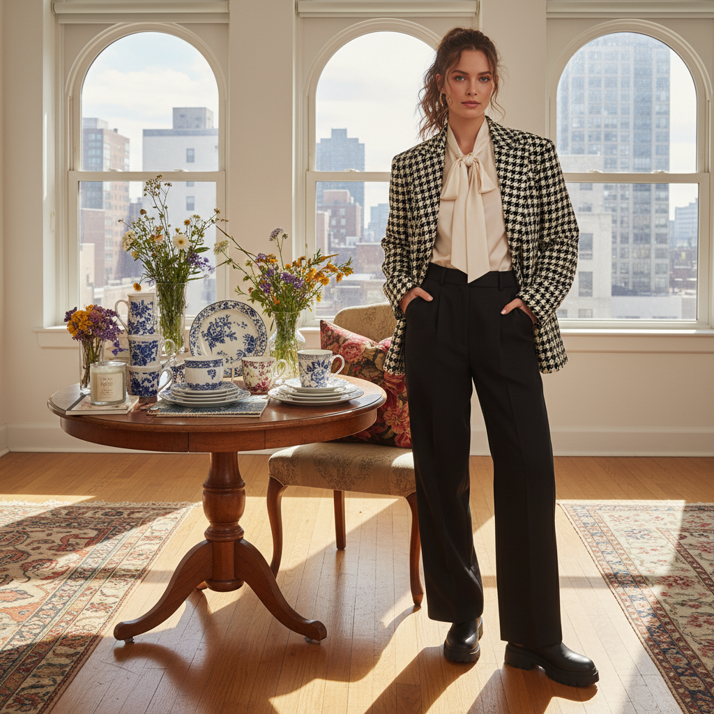 Model showcasing a houndstooth jacket by a table with floral home decor