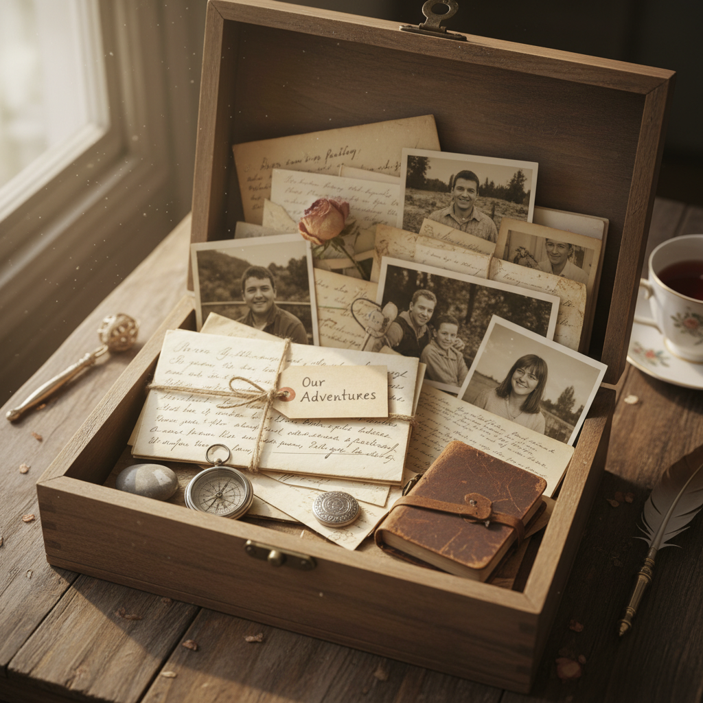 A memory box overflowing with cherished keepsakes, including letters and photographs, representing fond memories.