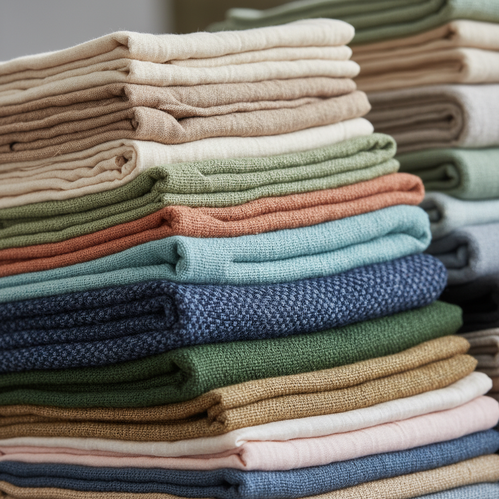 A selection of eco-friendly fabrics highlighting their textures and vibrant colours used in product manufacturing.