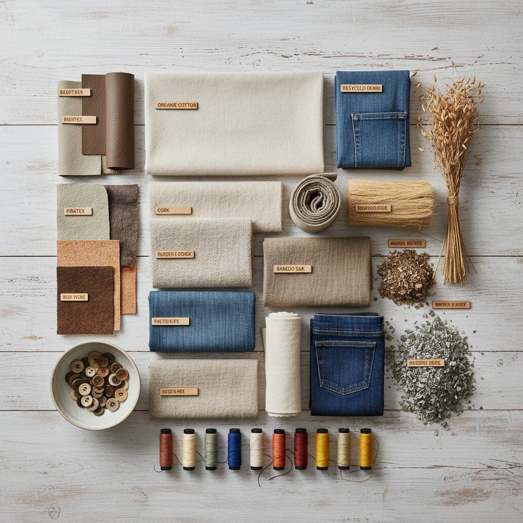 Flat lay of sustainable materials and premium fabrics arranged on a white background.