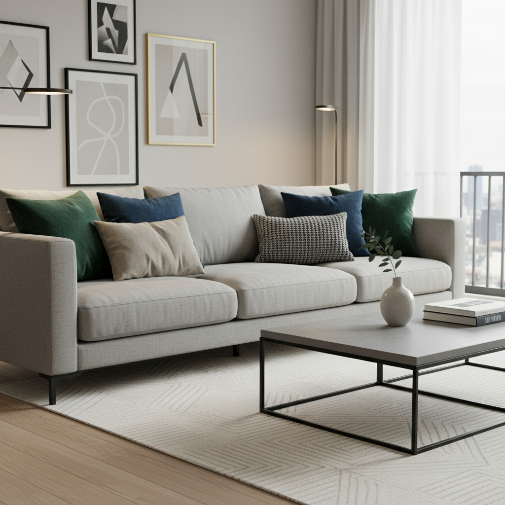 A cosy living room setting with cushions in velvet, linen, and knit textures layered on a sofa.