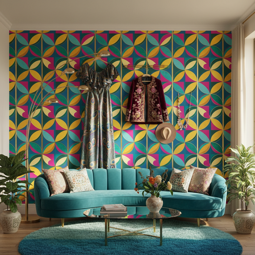 An interior space featuring a boldly patterned wallpaper and a stylish outfit displayed on a mannequin.