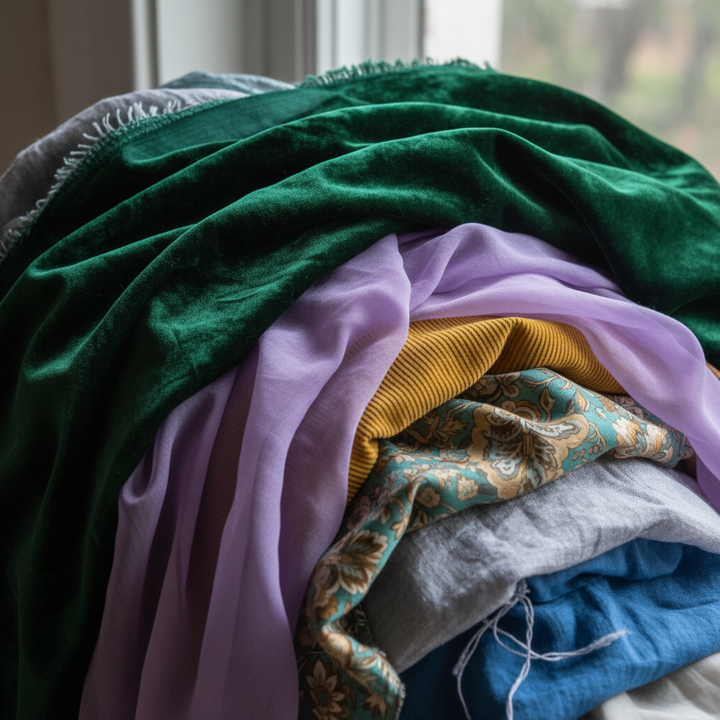 Primer plano de textiles superpuestos, incluyendo terciopelo y gasa, mostrando diferentes texturas y colores.