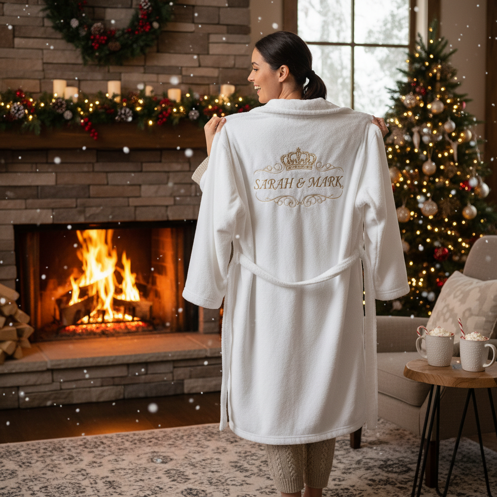 A person in a personalised robe by the fireplace, exuding warmth and comfort.