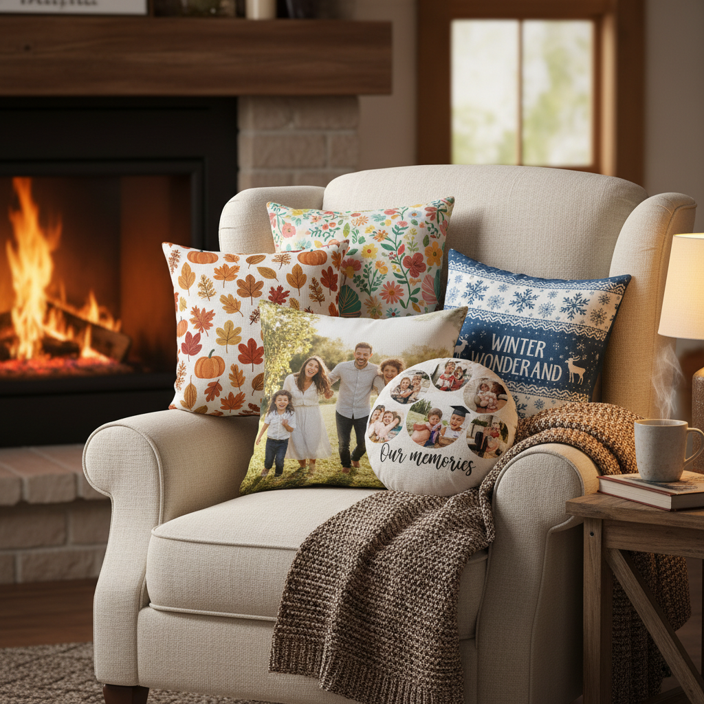 An assortment of personalised cushions with photographs and seasonal designs.
