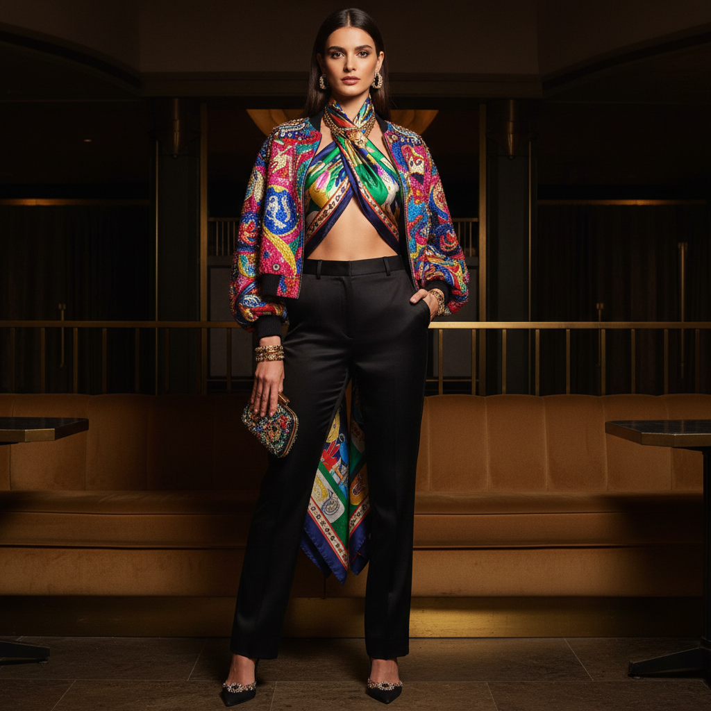 Chic evening wear featuring a silk scarf and a colorful bomber jacket.