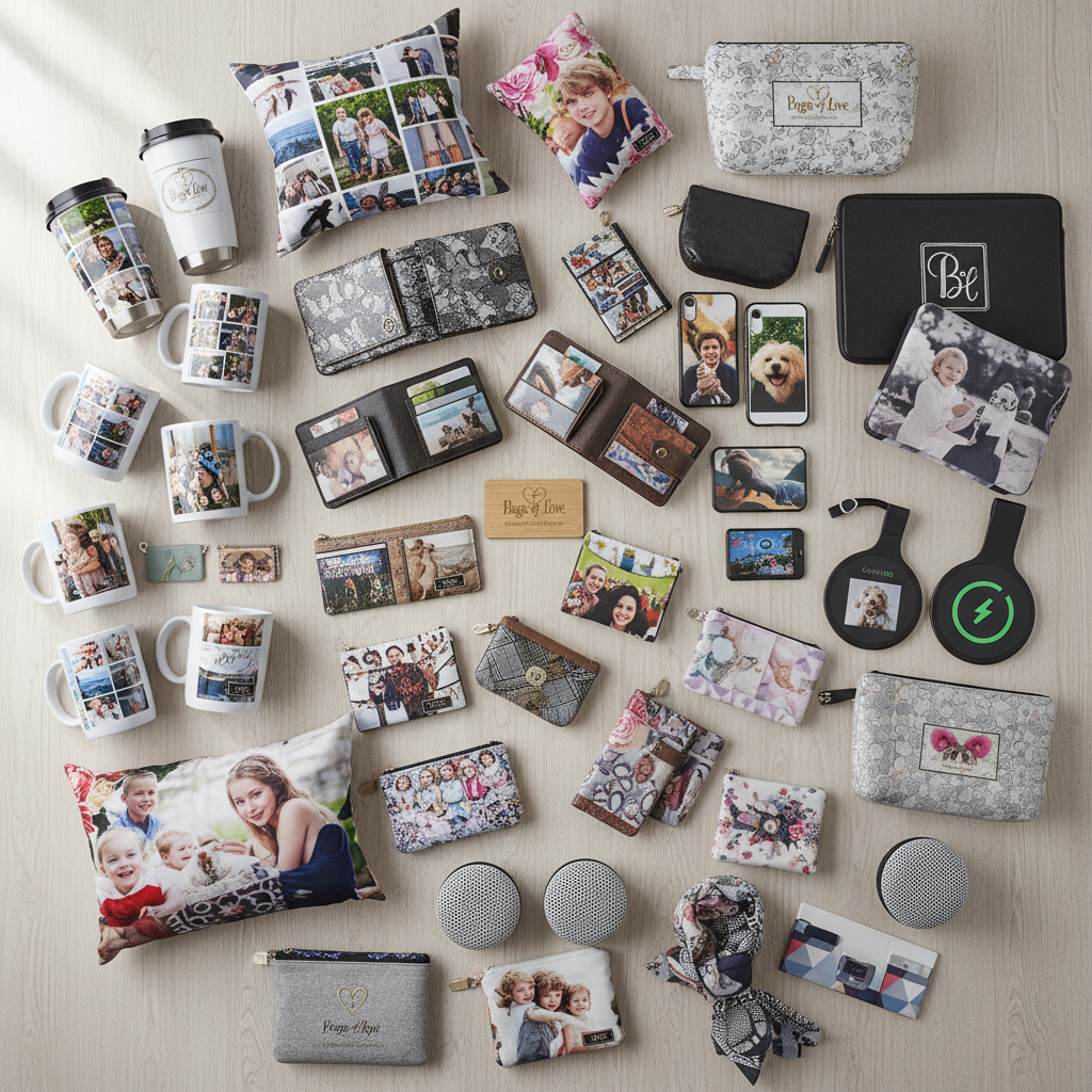 A collection of Bags of Love's bespoke products arranged beautifully.