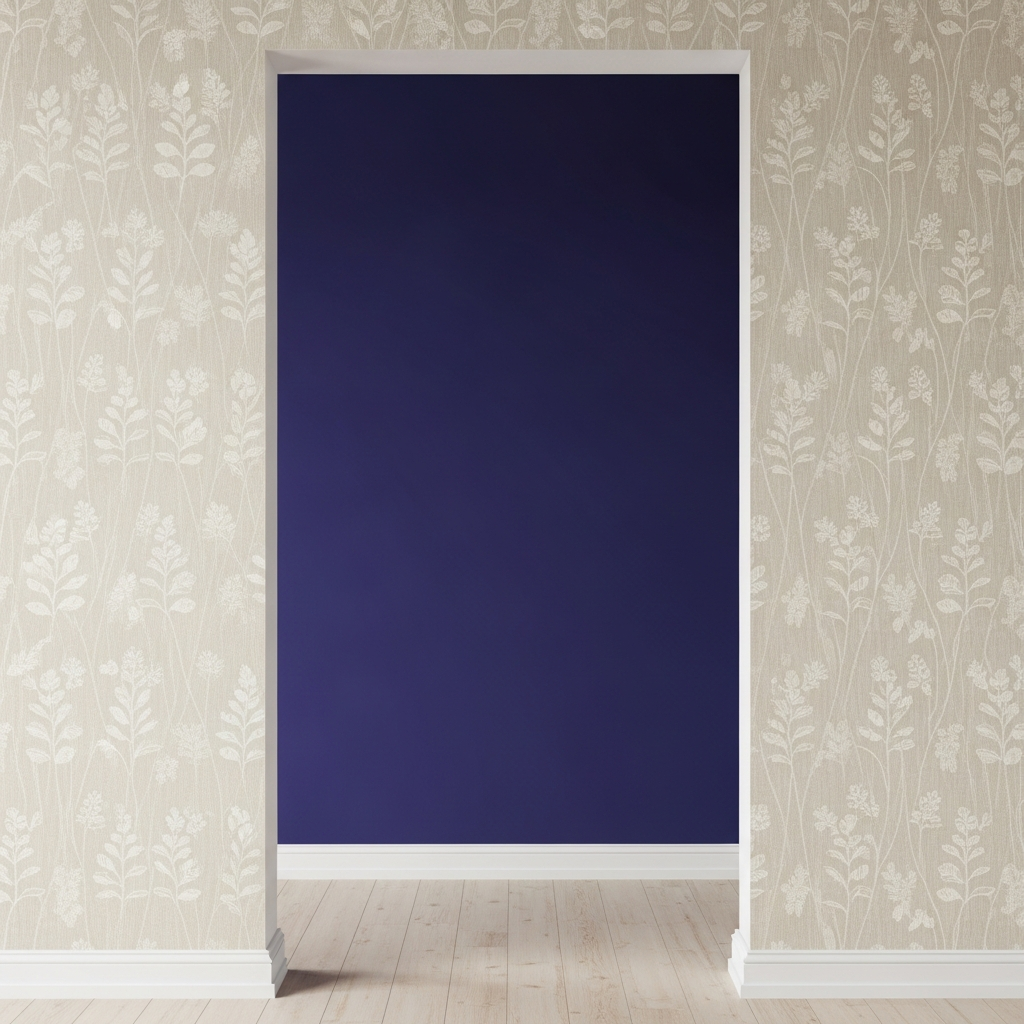 A living room with a bold accent wall in contrasting colour and neutral wallpaper on surrounding walls.