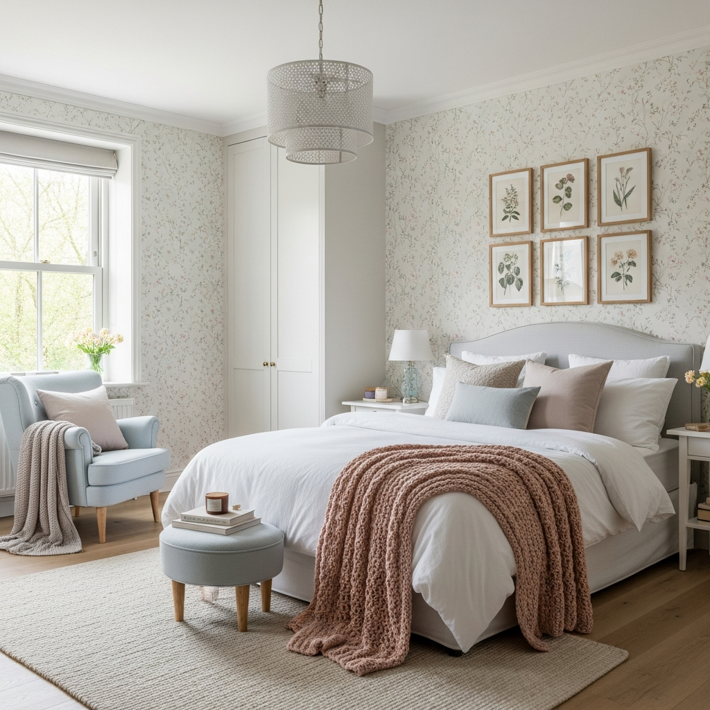 Serene bedroom with pastel floral custom wallpaper and cozy bedding