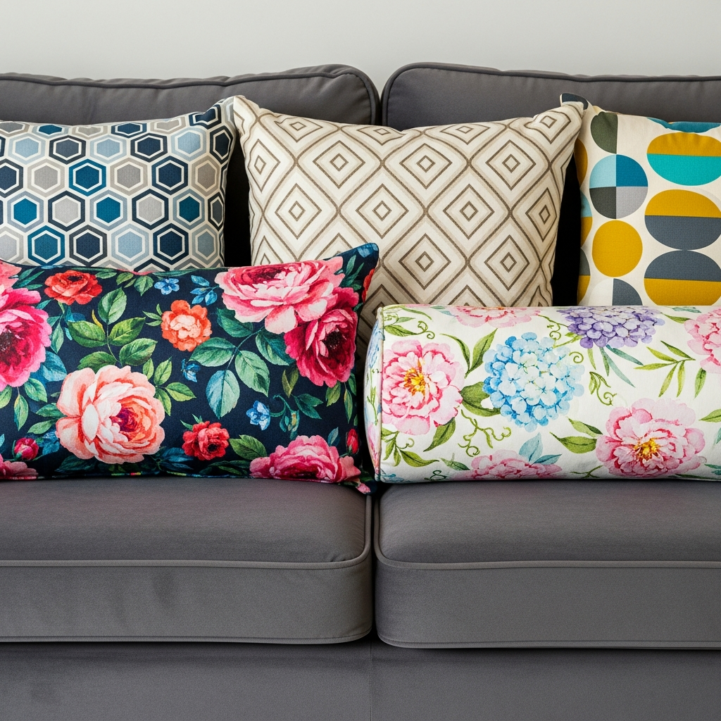 Assortment of cushions with various patterns placed on a sofa.